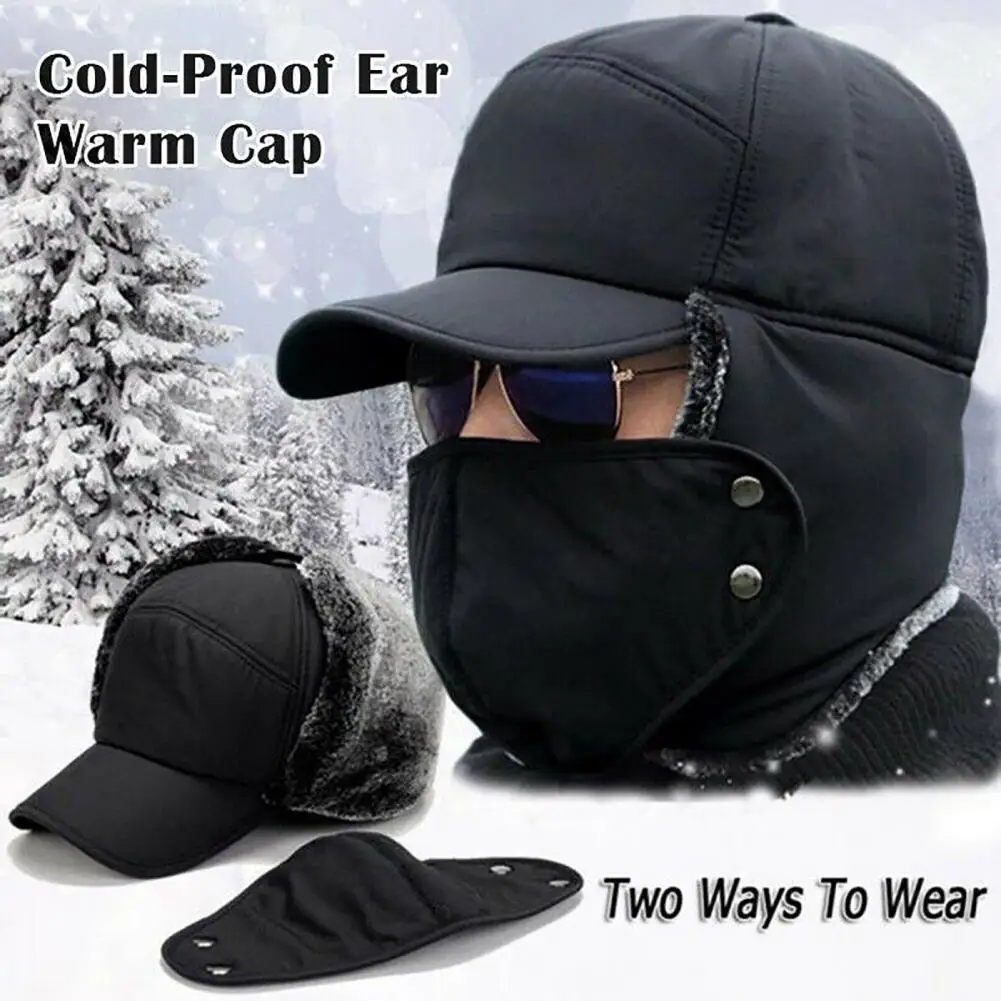 Winter Solid Color Male Windproof Ear Protect Bomber Hats Unisex Thickening Plush Button Cap Warm Windproof Headdress Ski Mask mad bomber trapper hat mens