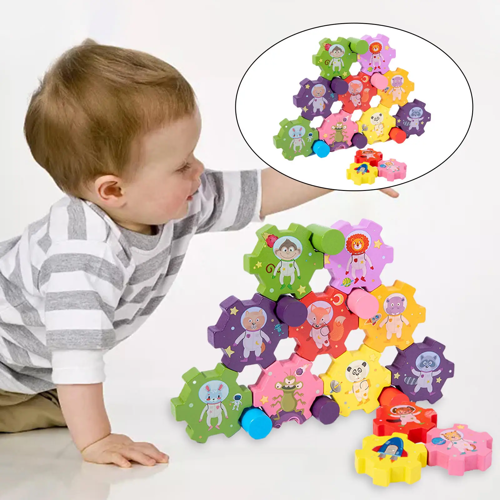 Wooden Gear Stacking Blocks Learning Toys Animal Balance Puzzle Brain Development Stacking Building Blocks Toys for Toddler