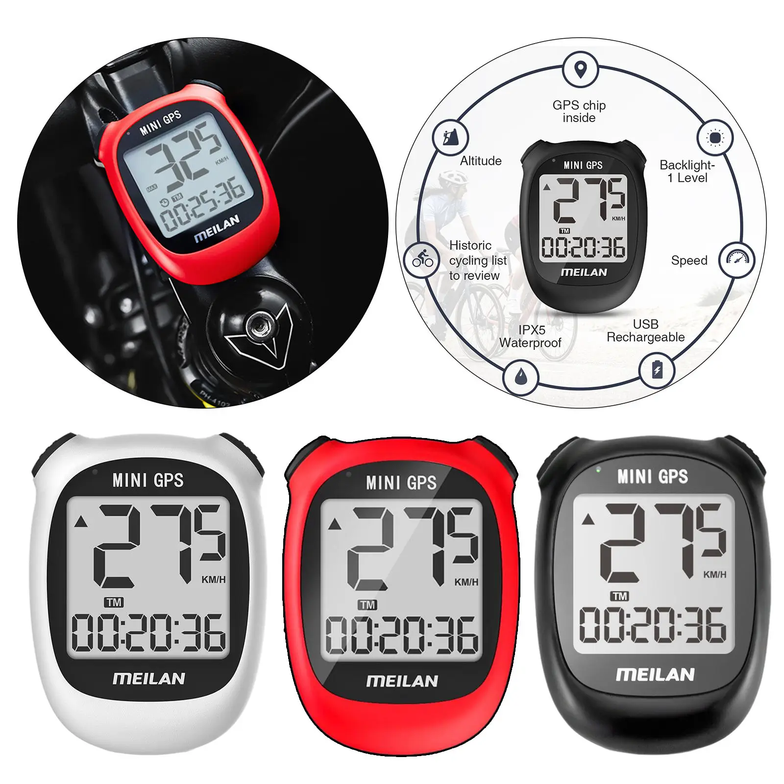 GPS Bike Computer, Bike Speedometer Odometer, Rechargeable Cycling Computer MTB Tracker LCD Backlight Display, IPX5 Waterproof