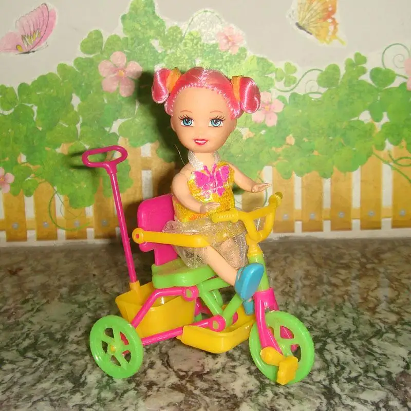 Pink Green Bicycle Stroller for Dollhouse Tricycle with Handle