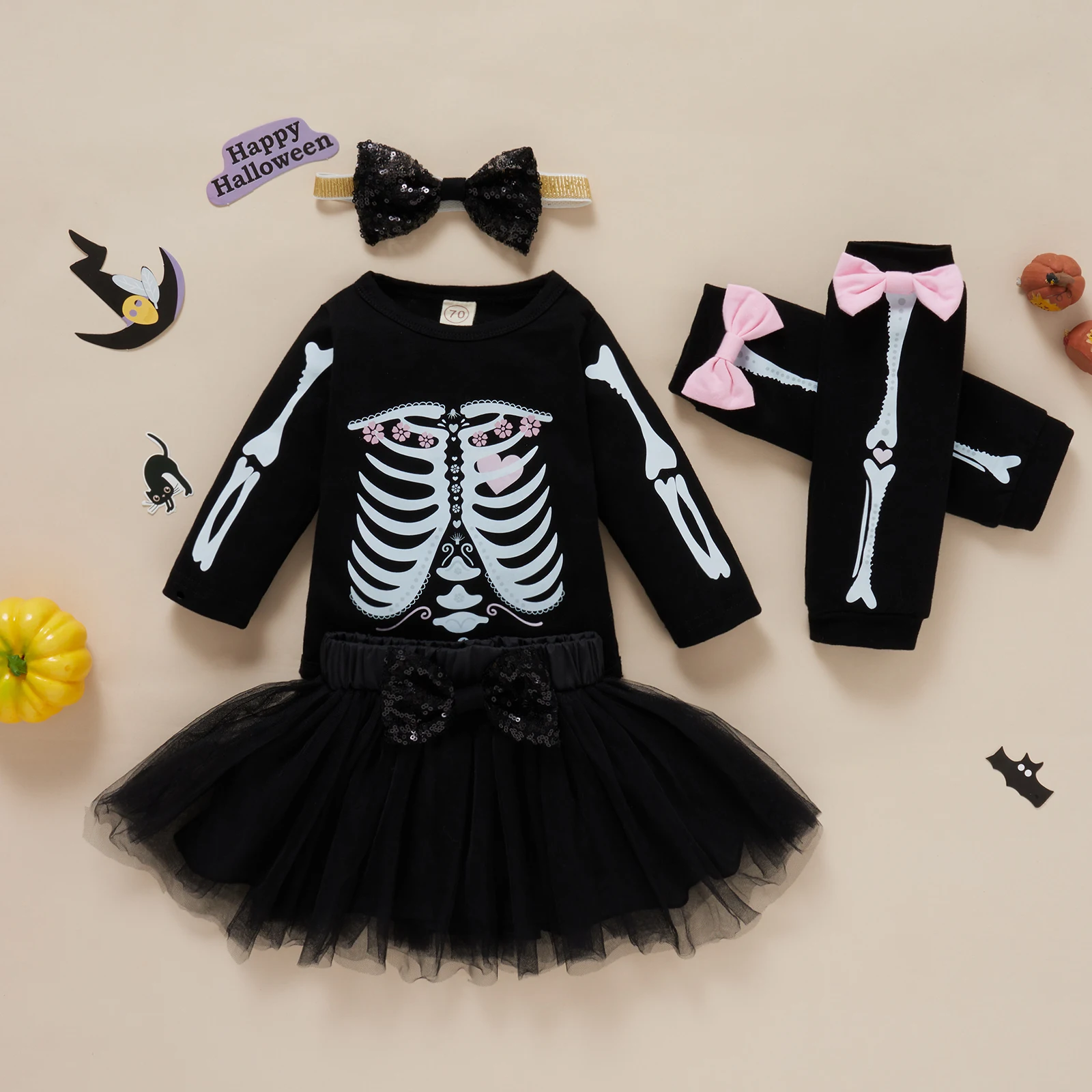 4pcs Baby Girls Halloween Clothes Set Fashion Skeleton Bow Knot Printed Pattern Romper Skirt Foot Cover and Headdress Outfits baby clothes penguin set