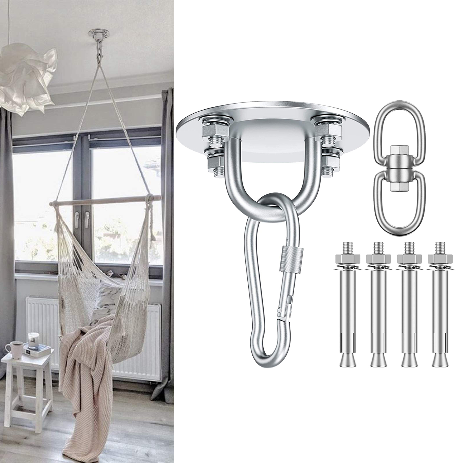 Hammock Chair Ultimate Hanging Kit-Concrete Ceiling and Wooden Beam Hook Heavy Duty Hanger & Swivel Hook Snap
