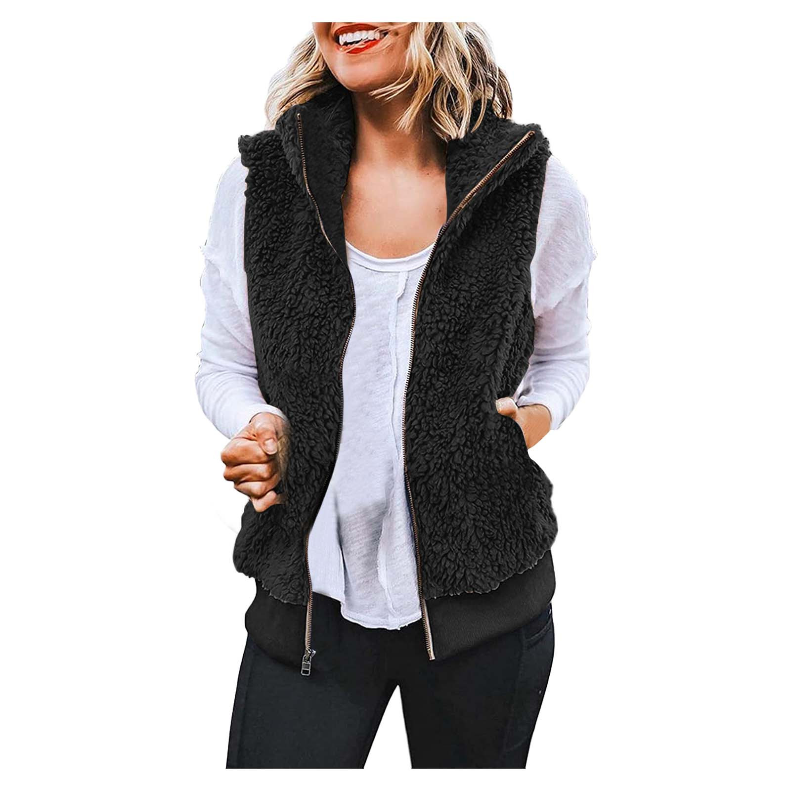 womens sherpa fleece outwear coletes outono inverno quente casaco peludo com bolsos zip up sem mangas colete de lã artificial