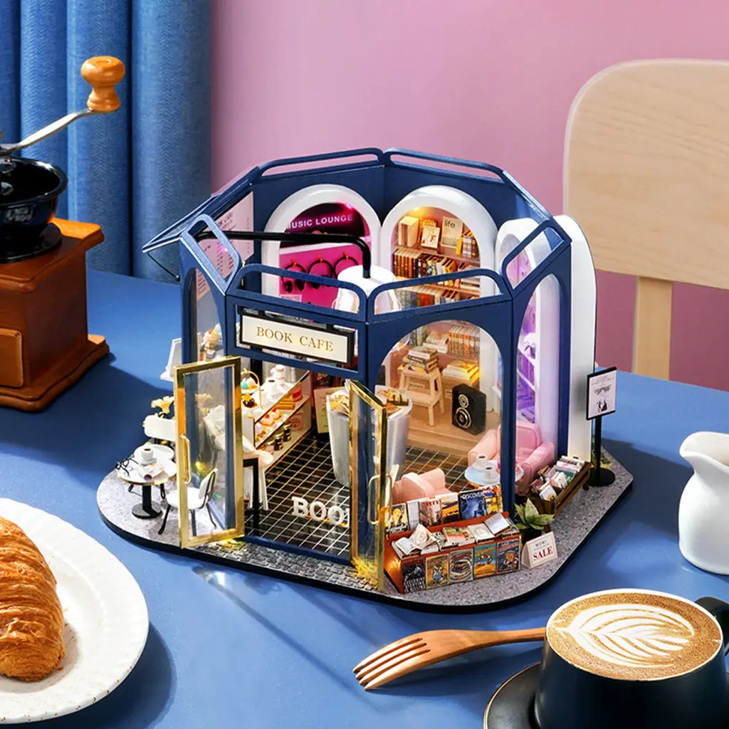 DIY Dollhouse with Furniture Kit LED Light Wood Crafts Book & Coffee House