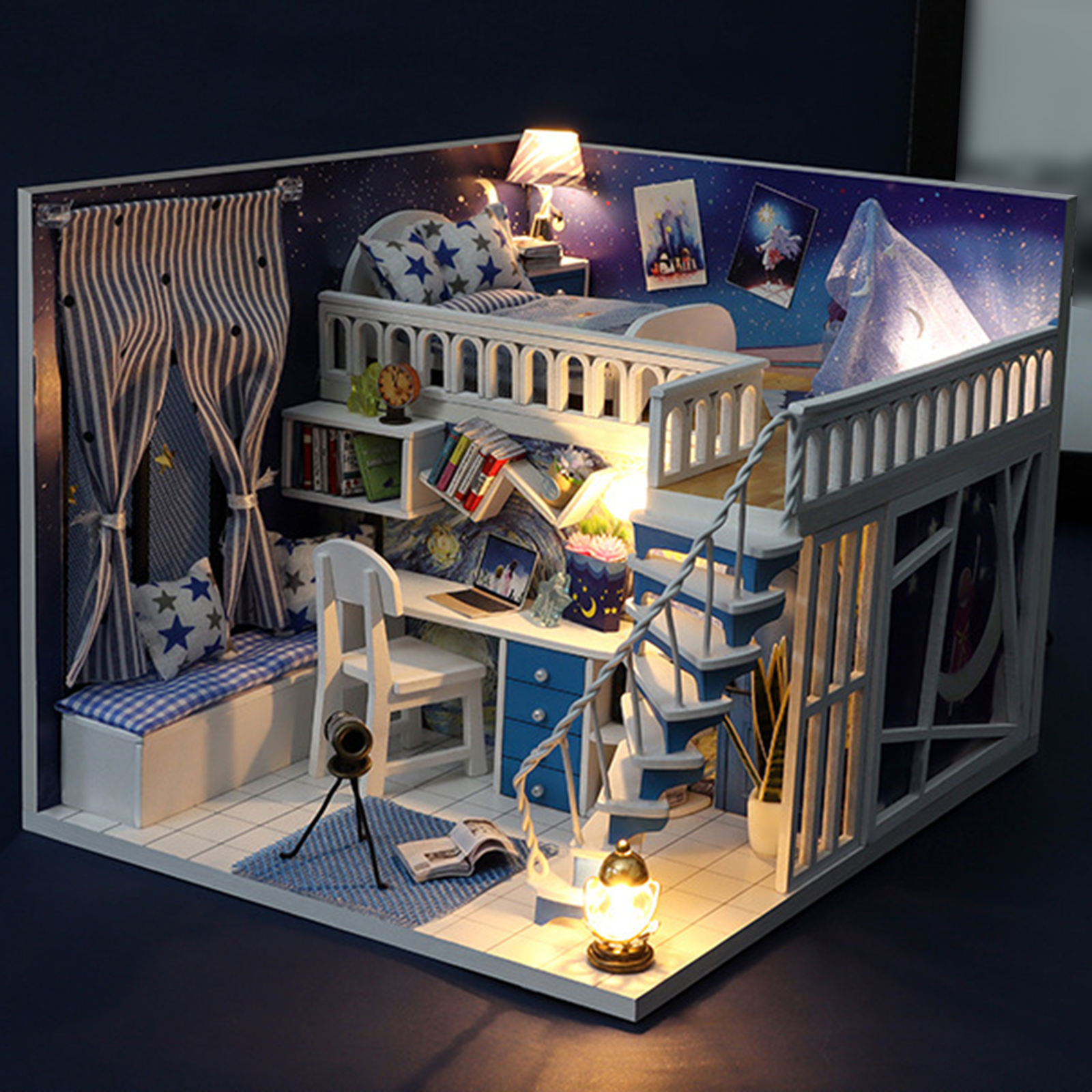 Dollhouse Kit LED Light Dustproof Case Wood Craft Themed Star House Gift