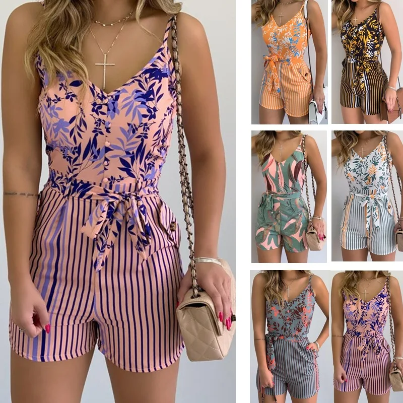 New Female Fashion Playsuits Ladies Floral Print Deep V-Neck Sleeveless Romper with Waist Belt 