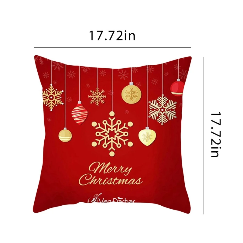 Un cojín decorativo con temática navideña. La almohada tiene un fondo rojo con un estampado de copos de nieve y adornos navideños. En el centro, hay un gran diseño de copo de nieve con el texto Feliz Navidad escrito en letra cursiva.