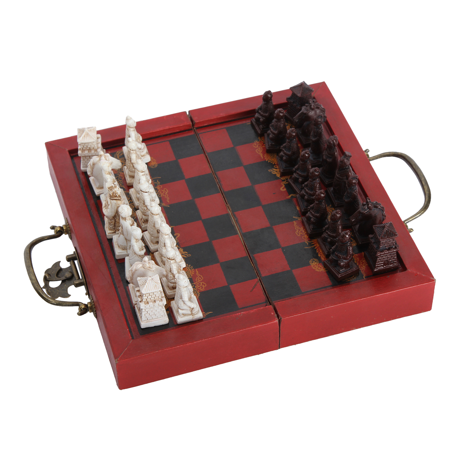 Handmade Antique Chinese International Chess Set - 8 Inch Folding Wooden Board & Pieces