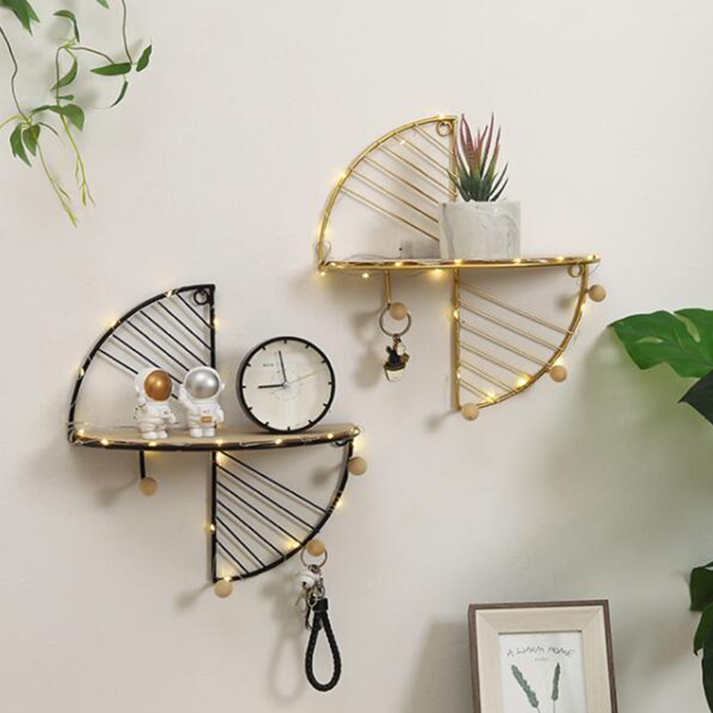Wall Storage Unit Retro Wood Metal Wire Shelf Rack Wall Mounted Hanger