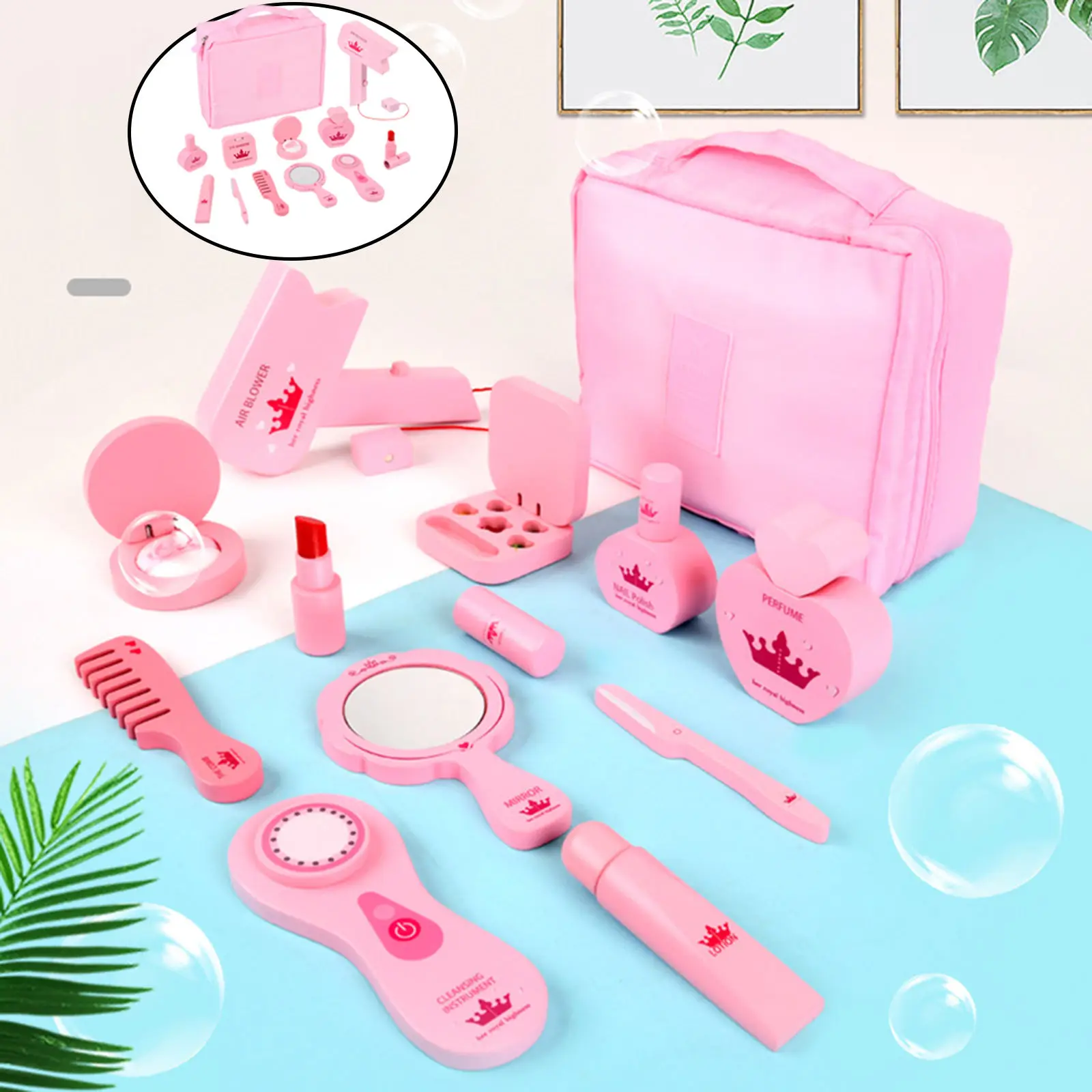 11Pcs Princess Pretend Makeup Kit Simulation Collection Wooden Beauty with Storage Bag Cosmetic Toy for Gifts Ages 3+ Toddler