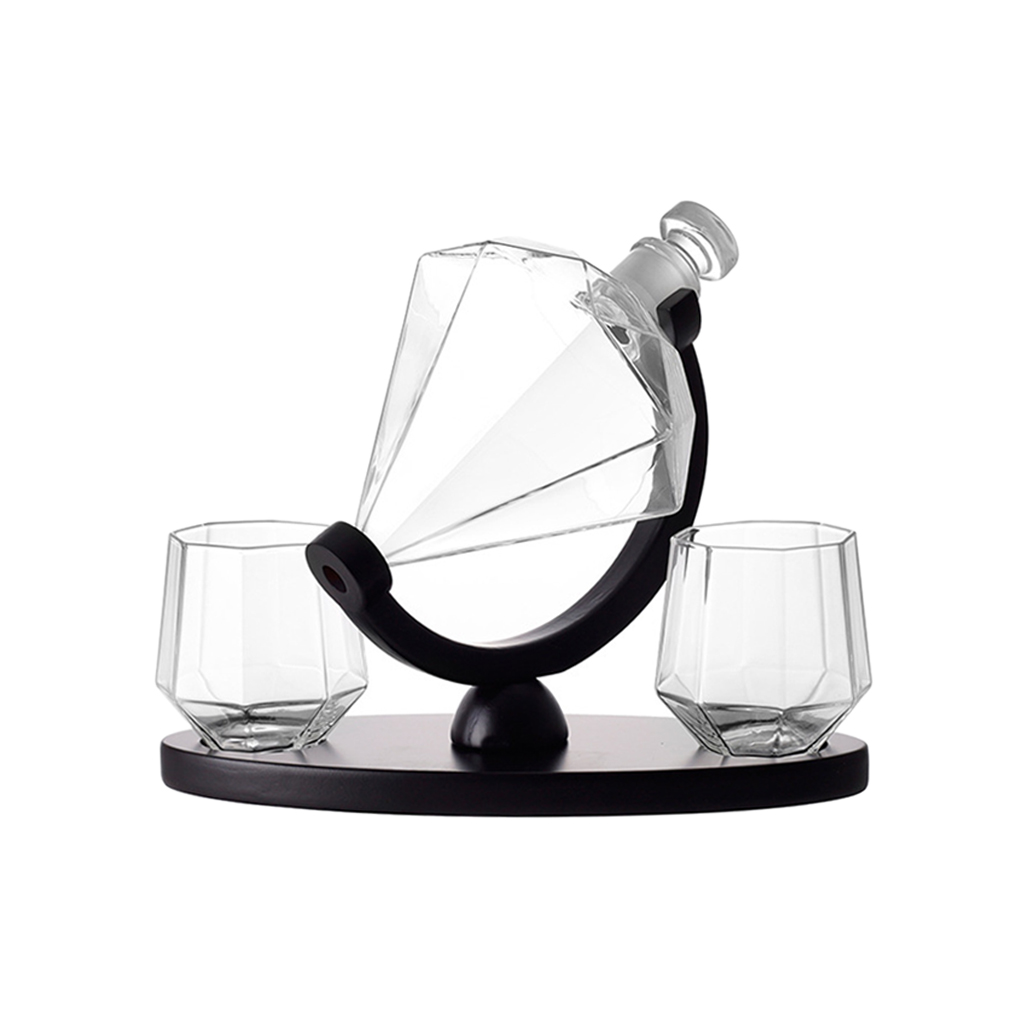  Decanter Wine Glass Set Diamond Crystal Whisky Carafe with Fine Wood Stand Liquor Decanter