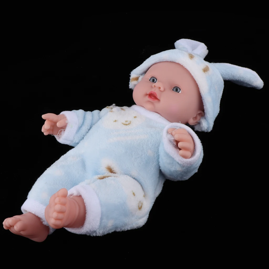 30cm Realistic Reborn Doll Baby Vinyl Newborn with Pink Rabbit Clothing Preemie Blue