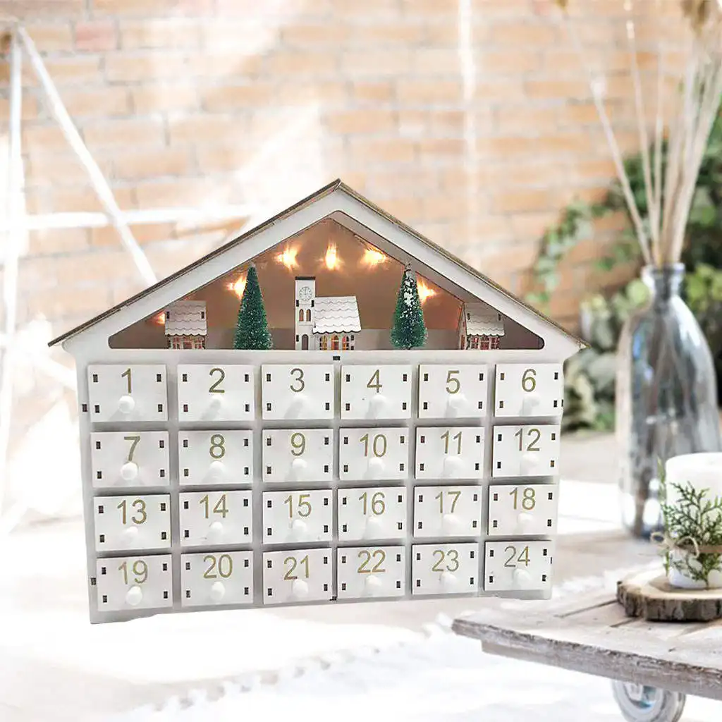 Christmas Wooden Advent Calendar 24 Storage Drawers LED Lights for Ornaments