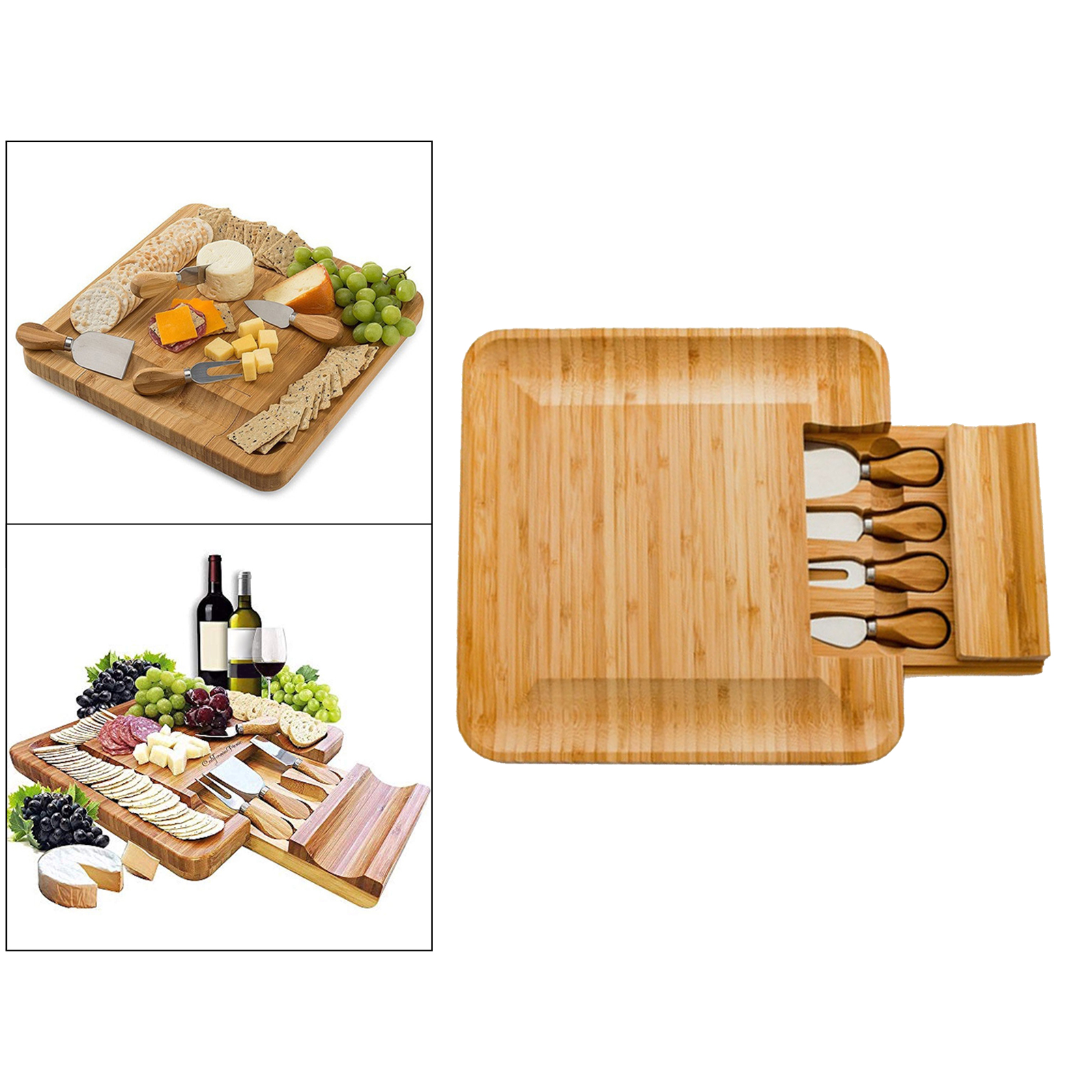 Square Bamboo Cheese Board  Platter & Knife Set Slide-Out Drawer