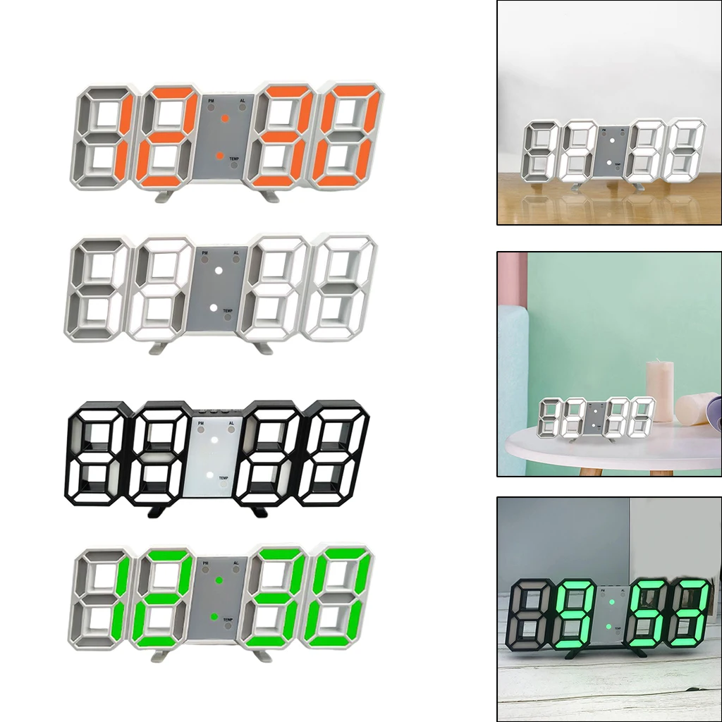 3D LED Wall Clock Adjust Brightness Nightlight Temperature Alarm Clock Timer