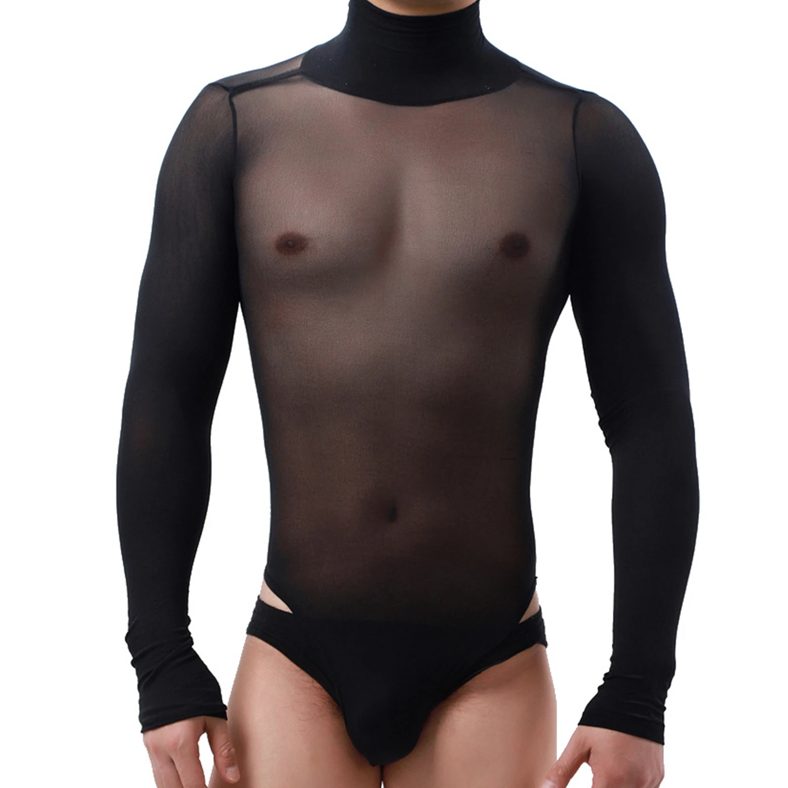 Men Sheer Mesh Bodysuit Catsuit Teddy Black Transparent Erotic Lingerie High Neck Long Sleeve One Piece Jumpsuit Nightclub Wear g string underwear cotton