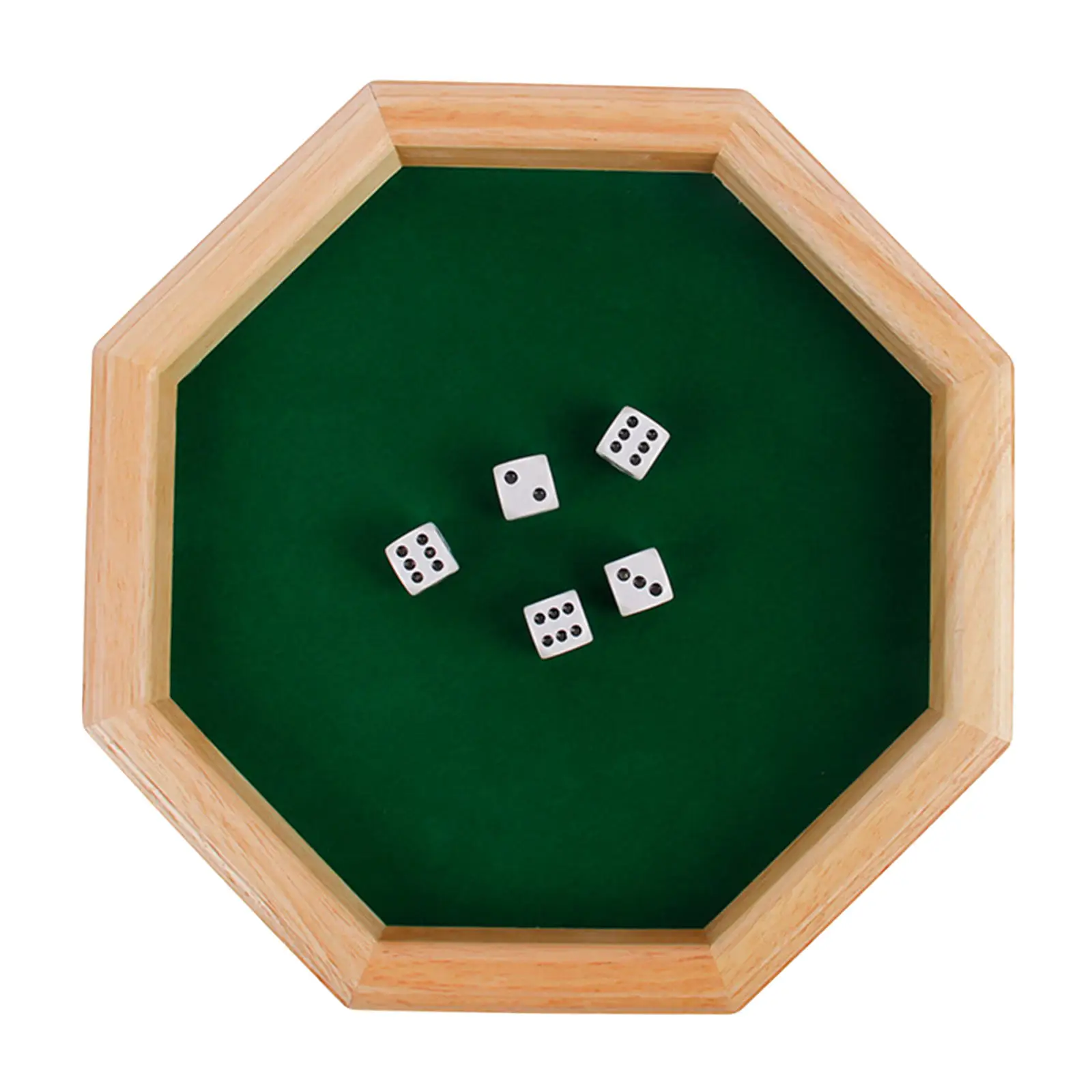 Wooden Octagonal Dice Tray Board Game with 5 Dice Felt Lined Rolling Surface for Tabletop RPGs Dice Games Green