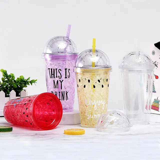 Shop Uwu Reusable Plastic Cup With Lid And Straw - Double Walled Insulated  Cup With Crystal Dome Lid; Cold Drink Tumbler With Straw; Reusable