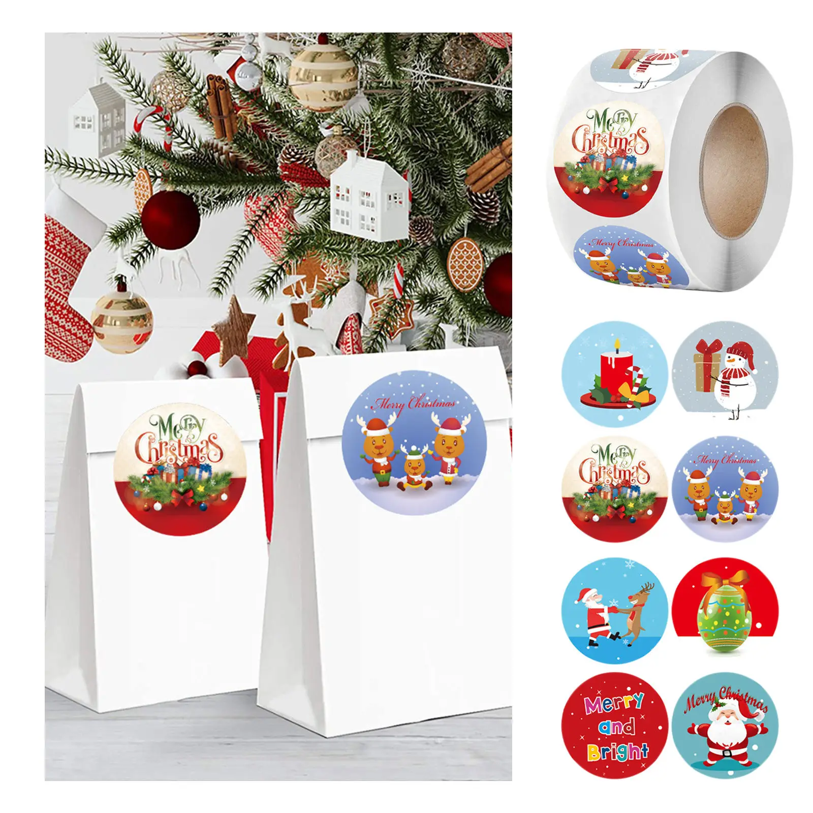 500 Pcs Merry Christmas Stickers Present Santa Adhesive Circle Candy 1 Roll for Box