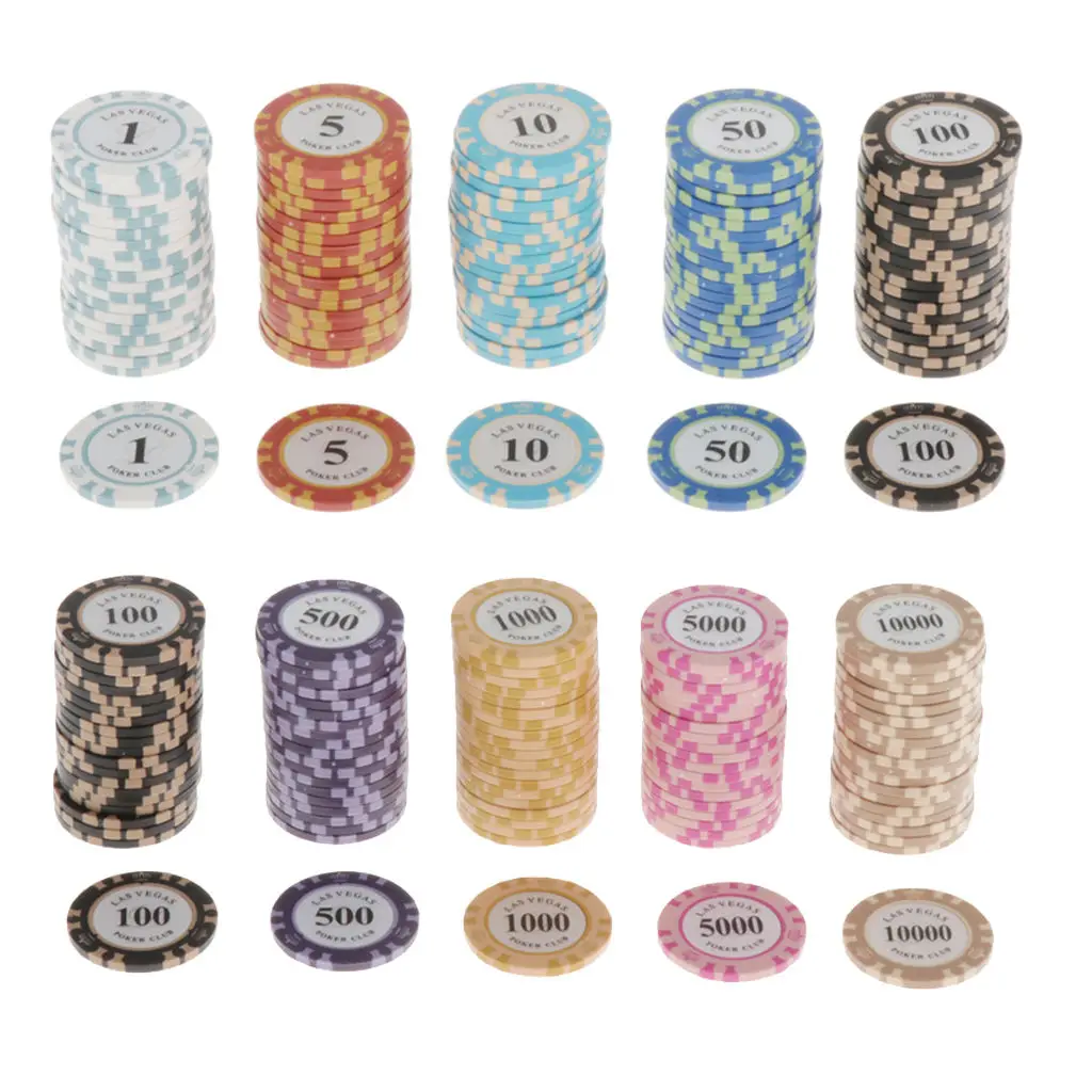 100 Pieces Clay Composite Striped Dice Poker Chips with 5 Numbers (20pcs/Each Denomination)