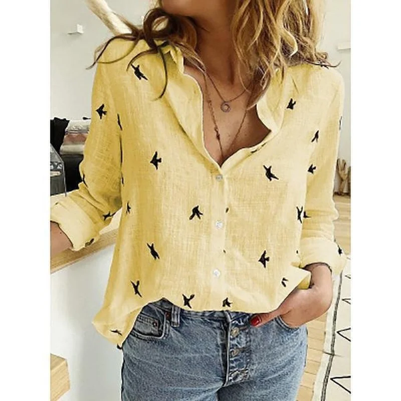 Leisure White Yellow Shirts Button Lapel Cardigan Top Lady Loose 