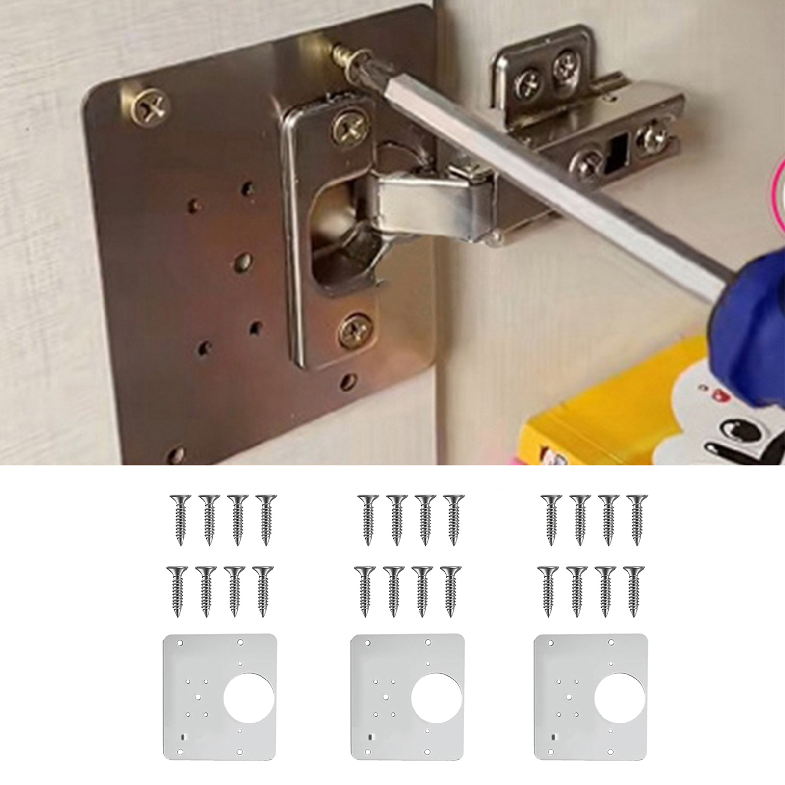 Hinge Repair Plates Cupboard Door Furniture Cabinet Mounted Screws Tool Set