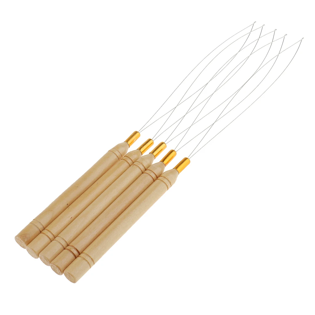5Pcs Wood Handle Hair Extensions Loop  Threader Pulling Tool Kit Gold