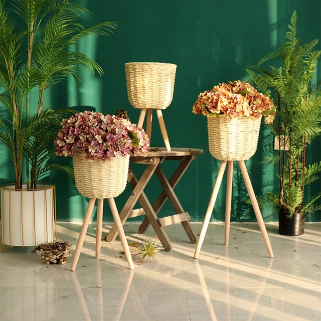 Soporte de plantas tejido con patas, maceta decorativa de madera con cesta  de bambú tejida a mano para plantas de interior, flores en macetas -  AliExpress