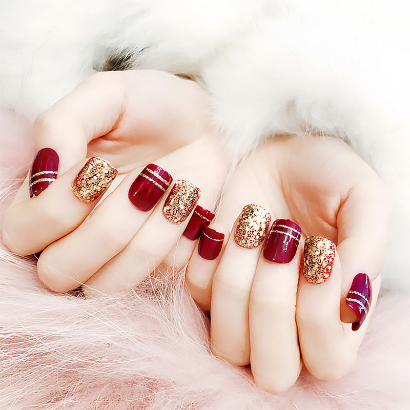 Falsas com Glitter Curto Vinho Vermelho Prego Arte Unhas Dourado Champanhe Casamento Unha Ponta Completa Hjl2022 24 Pçs 5 curto unhas falsas com glitter dourado champanhe