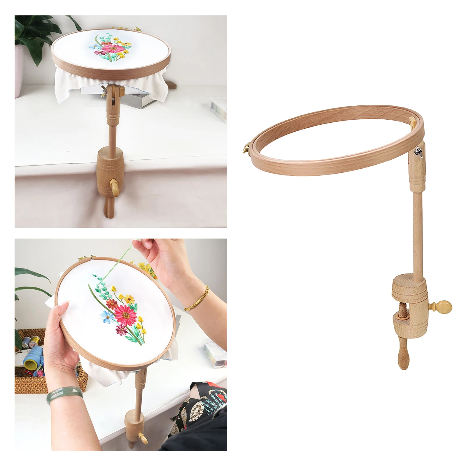 Embroidery Stand Natural Beech Wooden Adjustable Cross Stitch Lap Hoop Holder for Gift