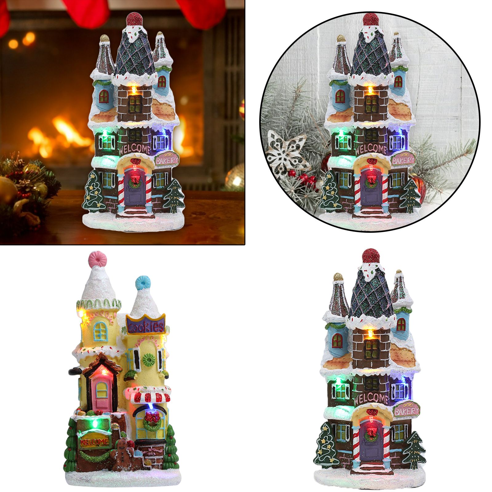 Christmas Snow House Resin Luminous Village Figurines LED Miniature Cottage Hut Landscape Christmas Holiday Decoration