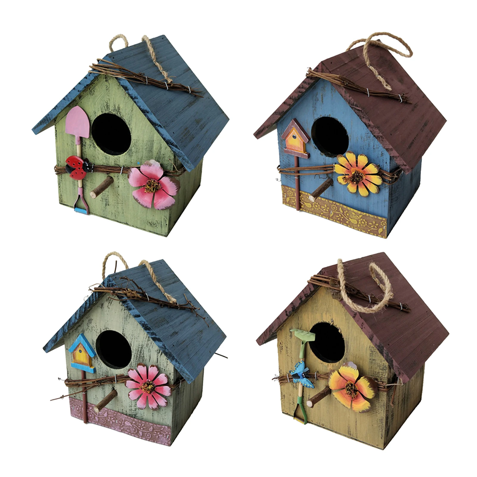 Hand-paint Wooden Bird House Nest Hanging Decorative Birdhouses Garden Decor