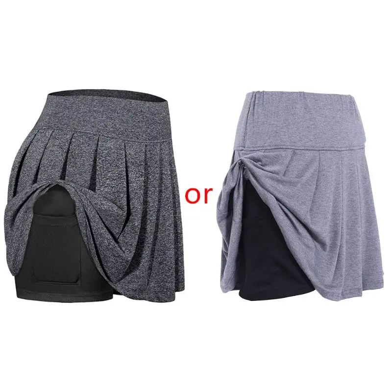 Women Sport Pleated Golf Skort High Waist 2-In-1 Tennis Skirt with Shorts Pocket XX9D