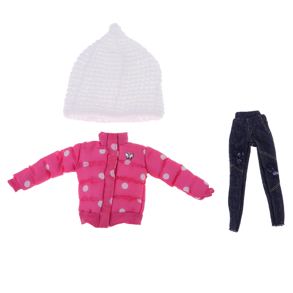 1/6 Lovely Pink Winter Jacket & Jeans With Hat Set For Blythe Doll Dress Up