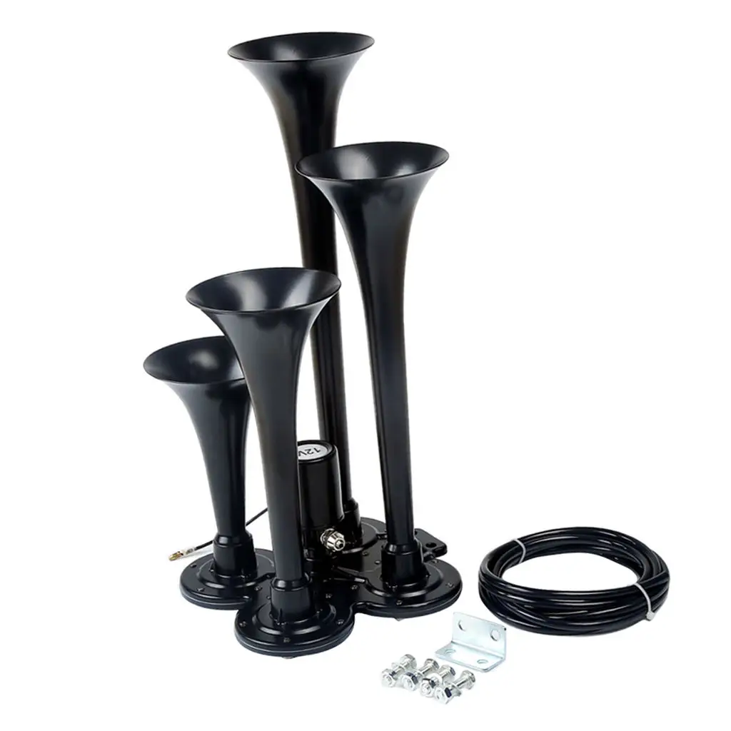 Loud 150dB 4/Four Trumpet Train Air Horn With 12V Electric Solenoid Black