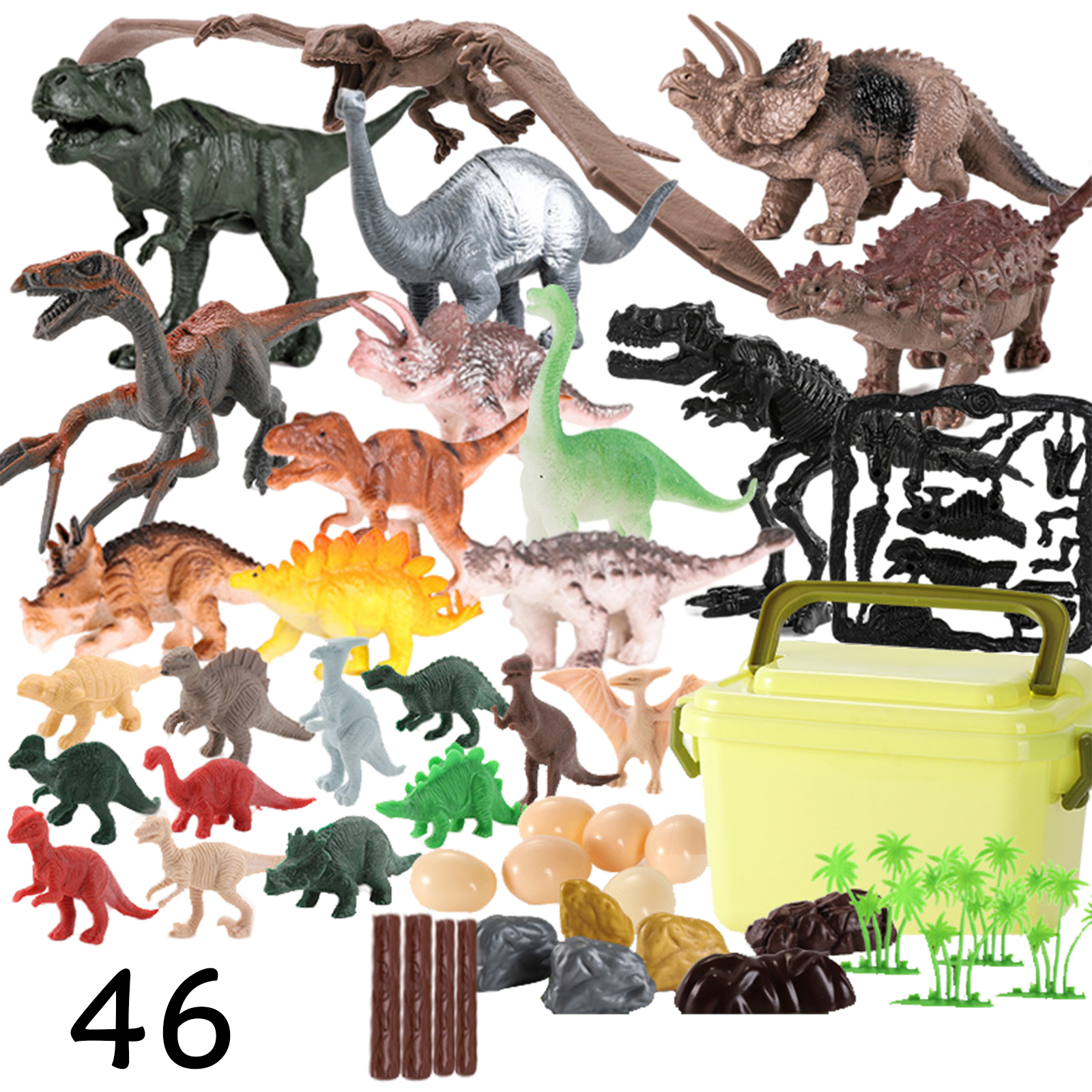 Pack of 46 Plastic Dinosaur Model Toy Set Kids Pretend Play Dinosaur Kingdom Learning Gift Set for Kids