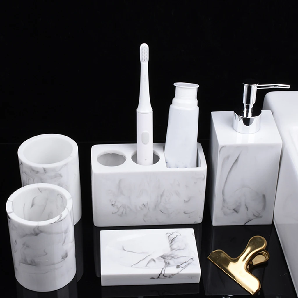 Bathroom Accessories Set 5Pcs Toothbrush Holder Liquid Soap Dispenser, Chinese Ink and Wash Style