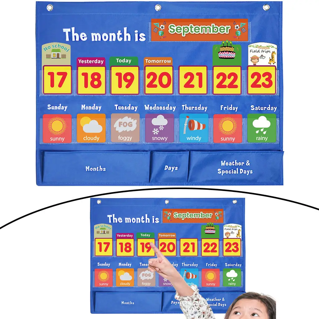 24x18 Inch Weekly Calendar Weather Pocket Chart Education Hanging Bag 98 Cards School Classroom Toys Kids Gifts