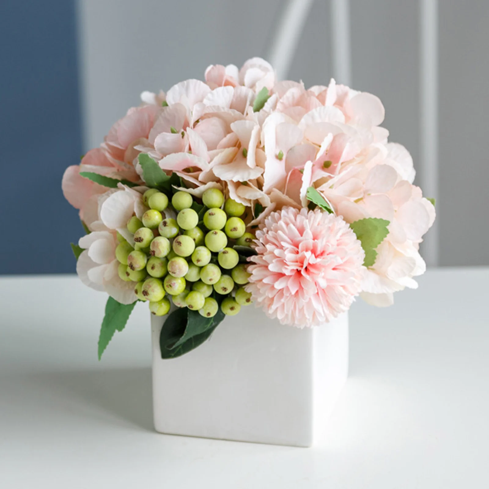 Artificial Flowers Vase Hydrangea Silk Floral Arrangements Home Office Decor