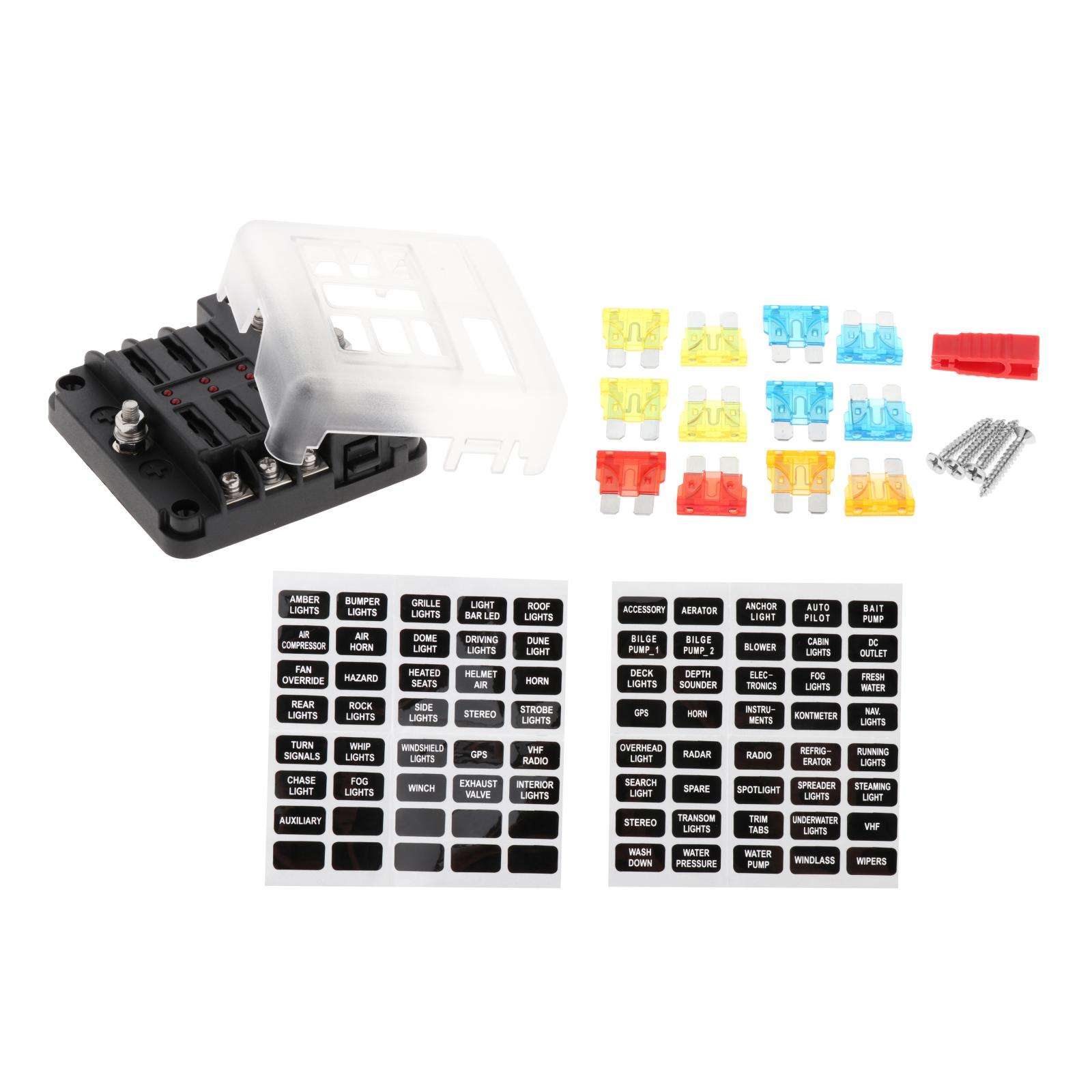 Cars LED Fuse Box PBT with Protection Cover 6 Way with LED Indicator Blade Fuse Block for RV Van Automotive Boats Marines