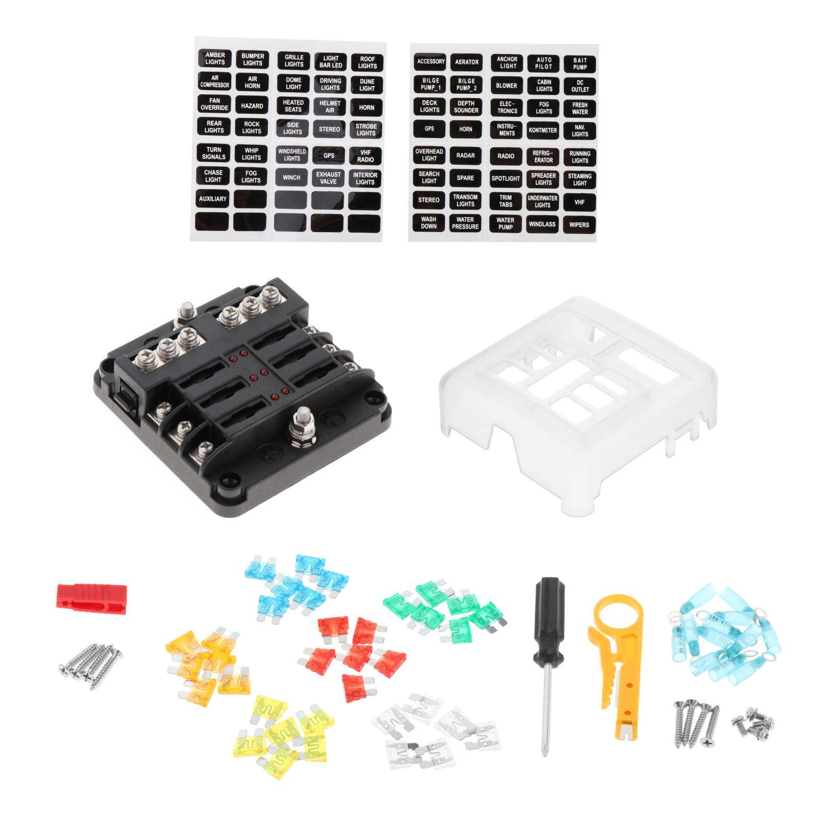 Car LED Fuse Box PBT with Protection Cover Damp-Proof Atc/Ato 6 Way Blade Fuse Block Fit for ship Automotive Yacht Truck RV Van