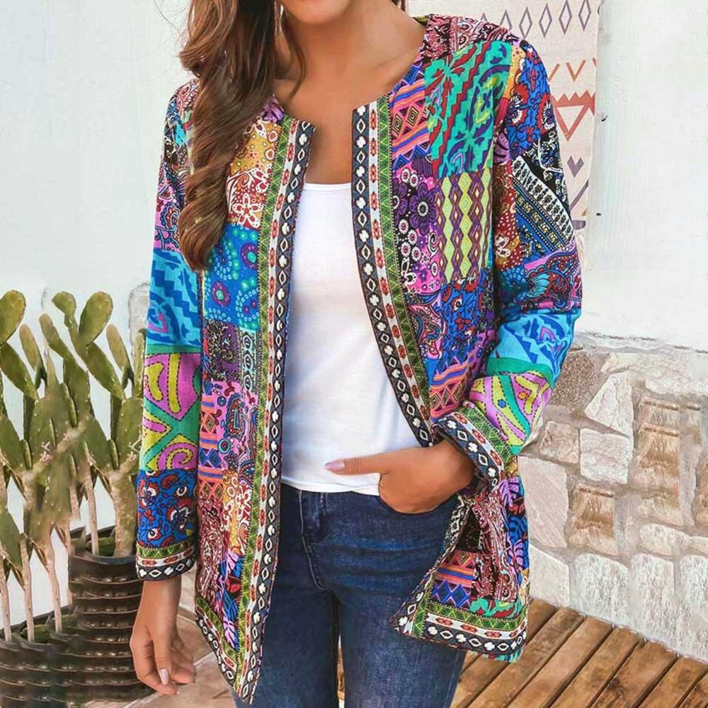 jaqueta feminina moda outono inverno estampa floral étnica manga comprida jaqueta solta casaco cardigã solto roupa externa chique