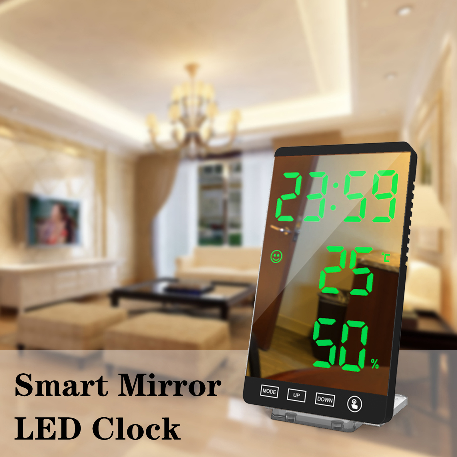 6 Inch LED Mirror Alarm Clock Touch Button Wall Digital Clock Time Temperature Humidity Display USB Output Port Table Clock
