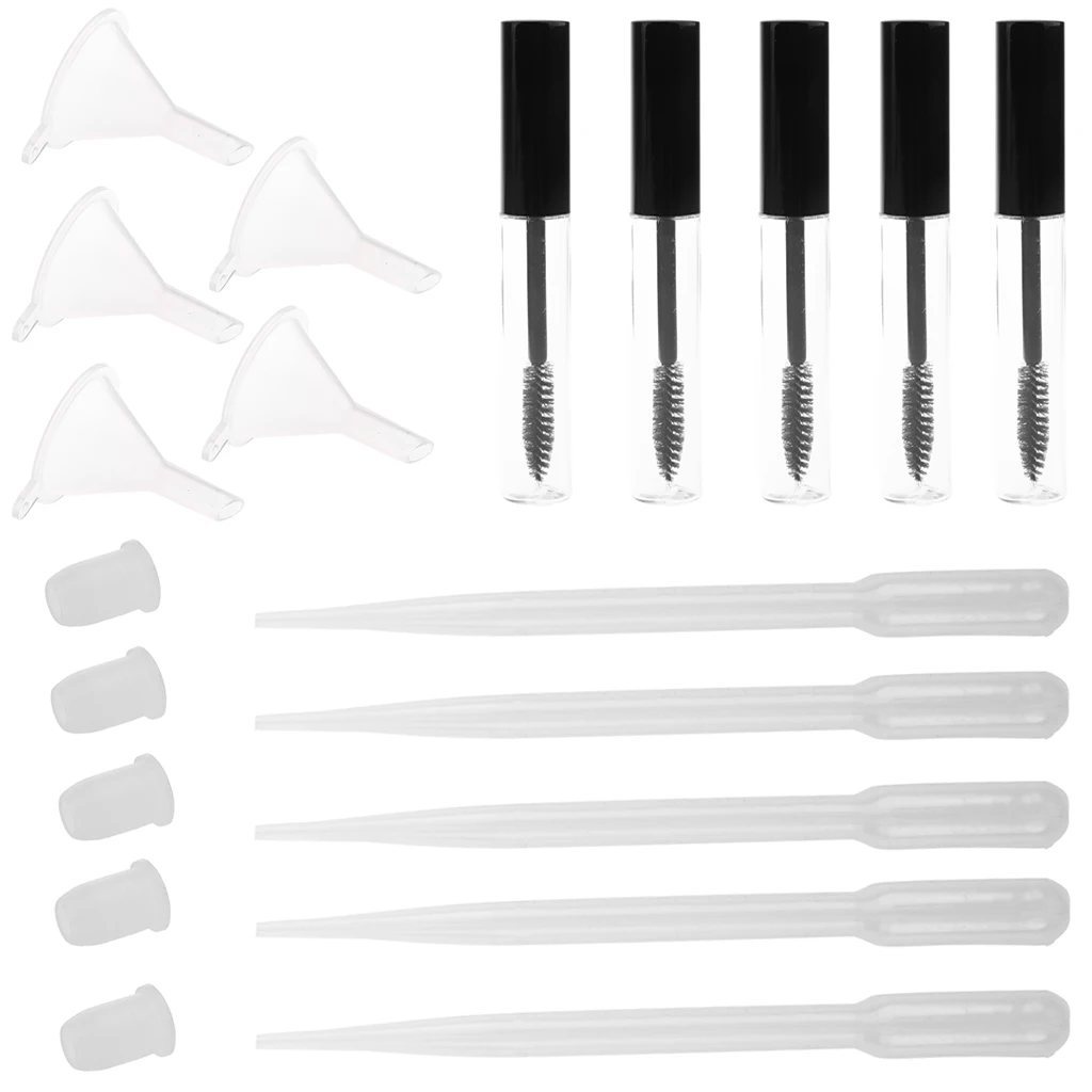 5 Packs 10ml Empty Mascara Tubes Eyelash Growth Oils Vials Bottles with Plugs Funnels Pipettes Droppers