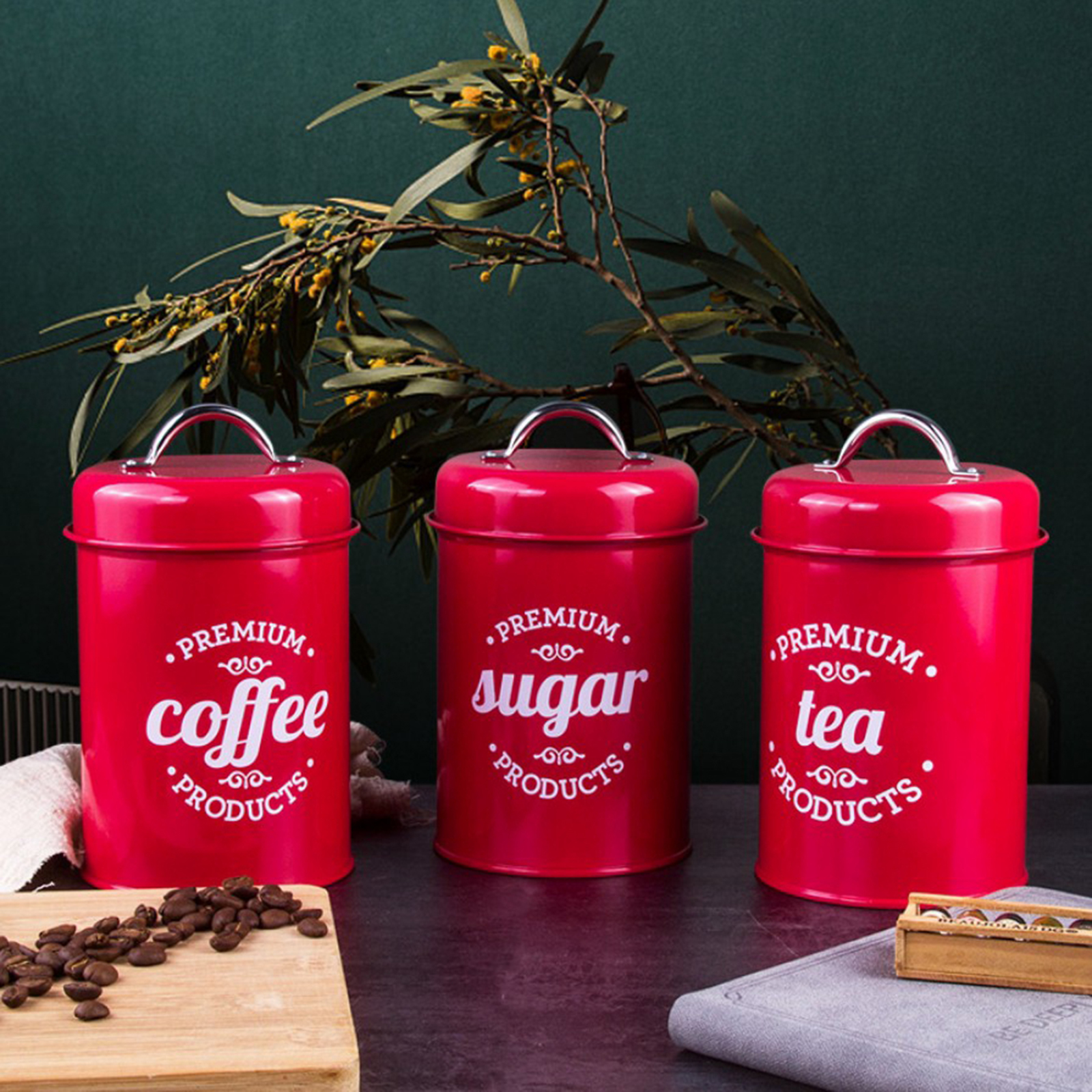 Set of 3 Coffee Tea Sugar Canister Set Metal Kitchen Food Storage Tins Jars with Airtight Lids