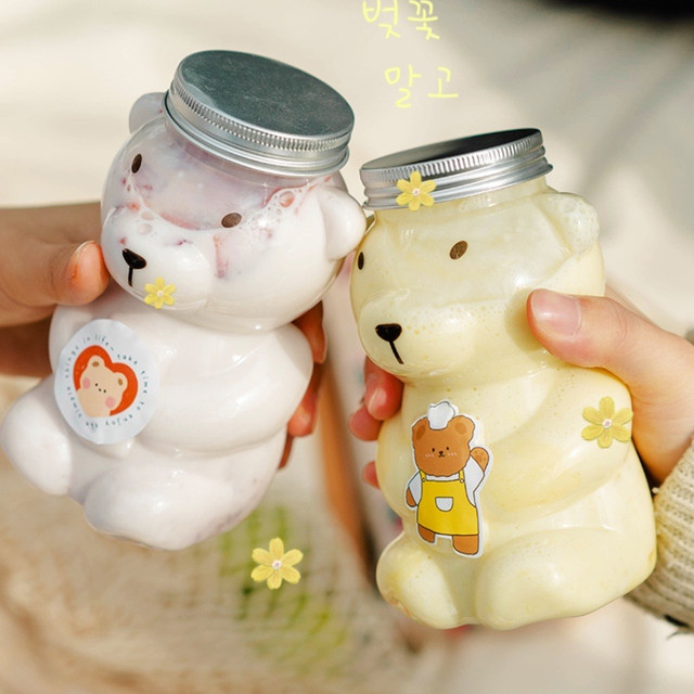 5Pcs Transparent Bottles with Lids Cute Bear Shape Drink