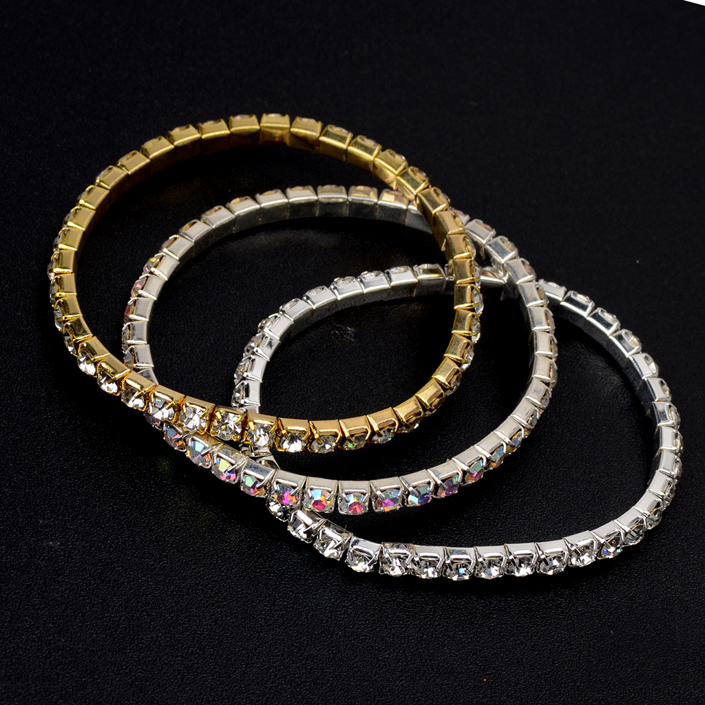 Elastic Bracelet Gold Silver 3 Pieces ,Diamond Charms Jewelry Wristband Stretch Bracelets ,for Women Simplicity