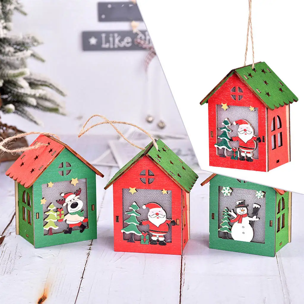 Lighted Wooden Cabin Xmas Tree Pendant Kids Gifts Christmas Decor Christmas Crafts Multicolor for Holiday Indoor Festival Home