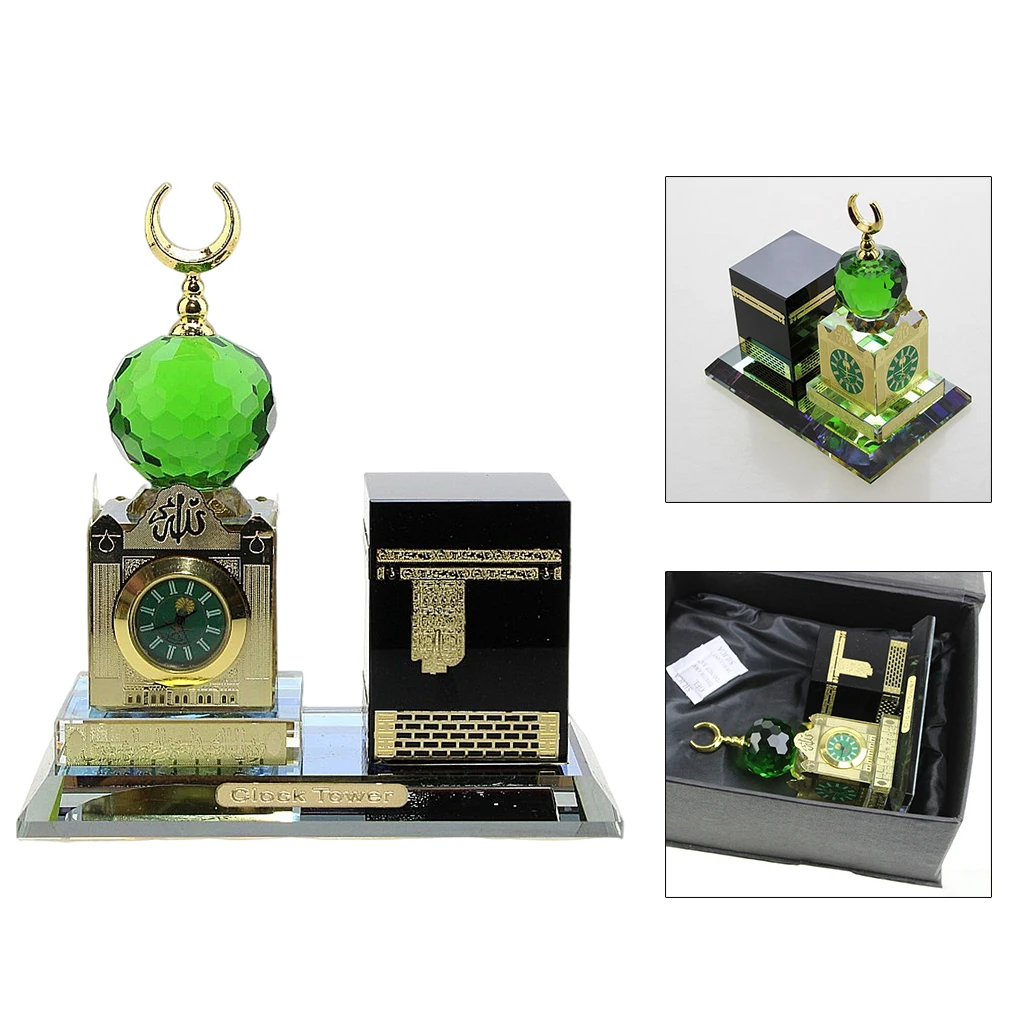 Eid Muslim Crystal Ramadan Architecture Miniature Ornaments Clock Statue Islamic Building Figurines Gift for Home Office Room