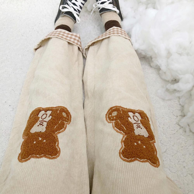 Corduroy Pants Women Spring 2021 Kawaii Pants High Waist Trousers Teen Girls  Embroidered Cute Cartoon Wide Leg Pants -  Canada